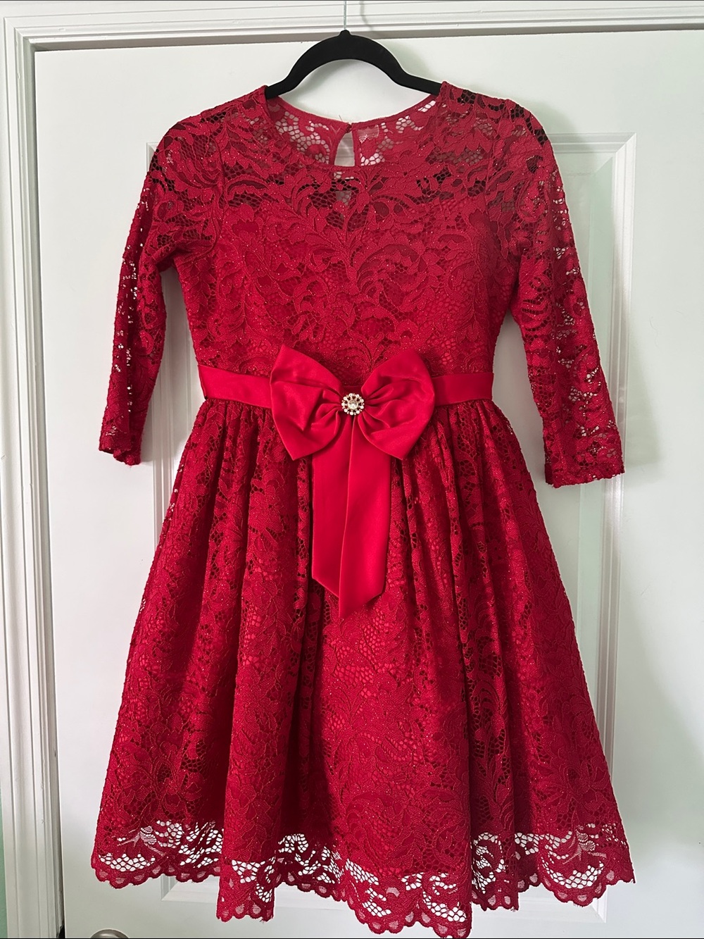 Rare Editions Red Lace Dress with Satin Bow